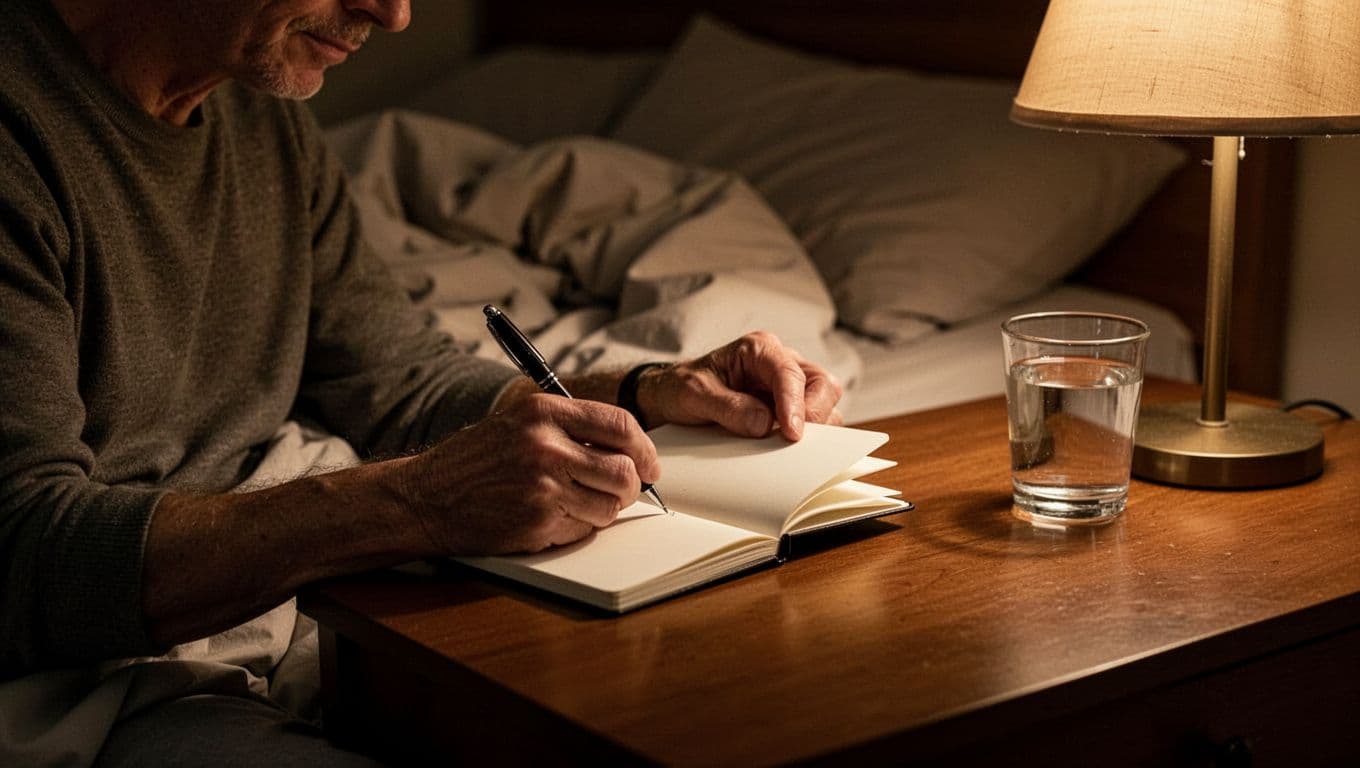 An adult sits relaxed at a bedside table in dim lamplight, writing in a small journal with pen. Intimate close composition on hands and journal, with rumpled bed sheets and water glass on nightstand.