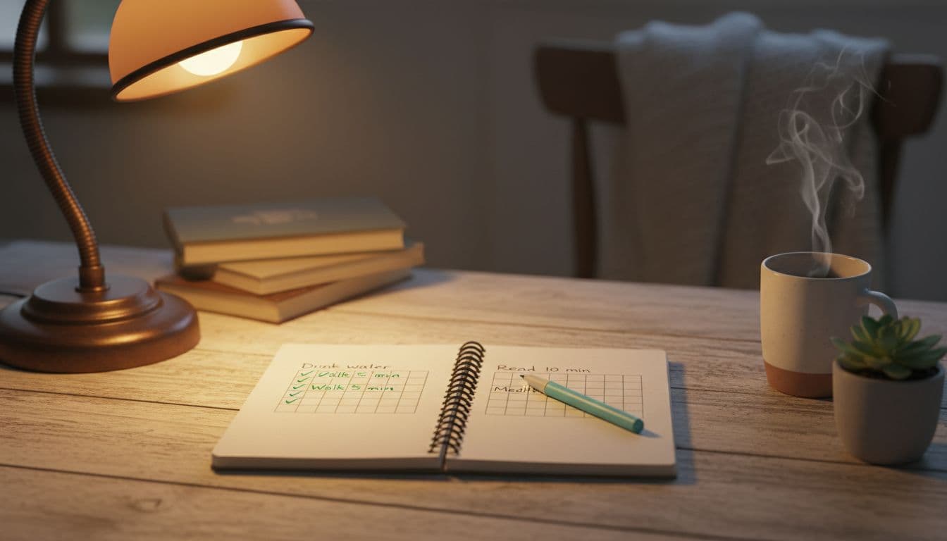 Realistic photo of a cozy desk with an open notebook displaying a simple habit tracker with checkmarks next to 'Drink water' and 'Walk 5 min', a pen nearby, and warm lamp light. No people, extra text, phones, or devices visible.