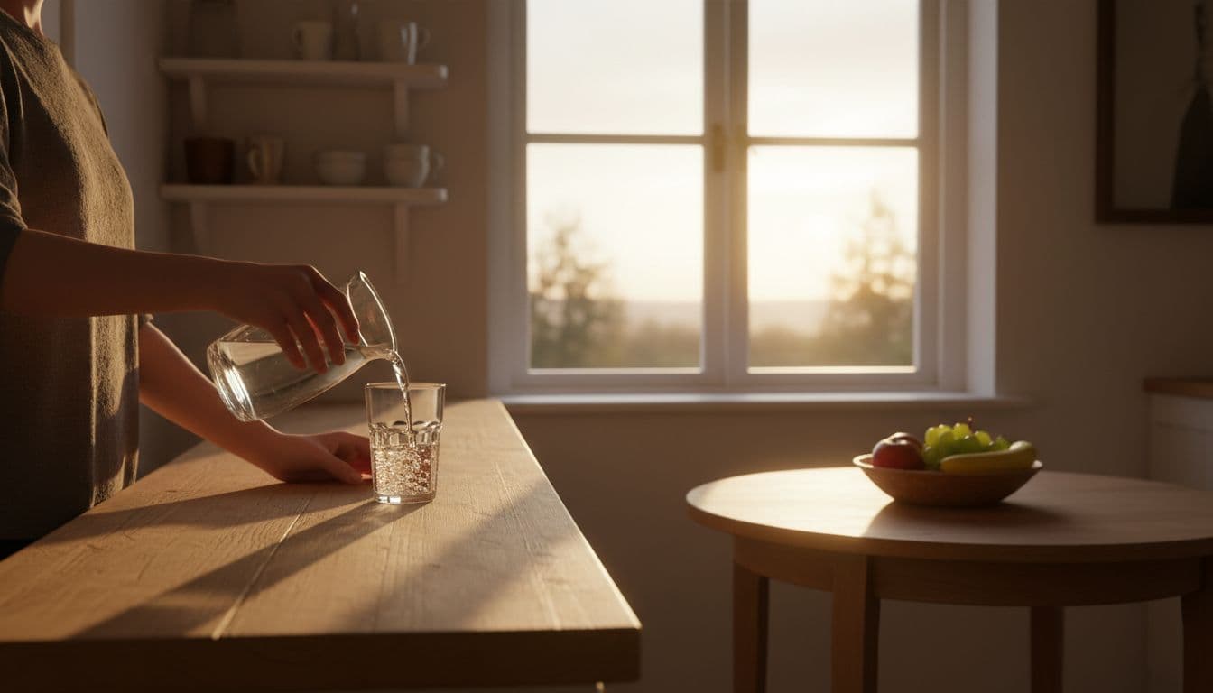 In a cozy kitchen during early morning, one person pours water from a pitcher into a glass on the counter, with soft sunrise light filtering through the window and a few fruits on the simple wooden table.