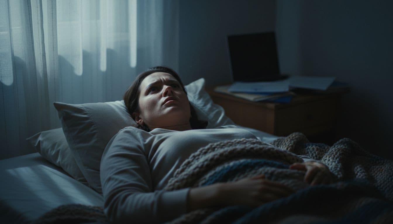 One person lies awake in a dark cozy bedroom at night, staring at the ceiling with a worried expression while thinking about work, with faint laptop and papers on the nightstand shadowed by soft moonlight.