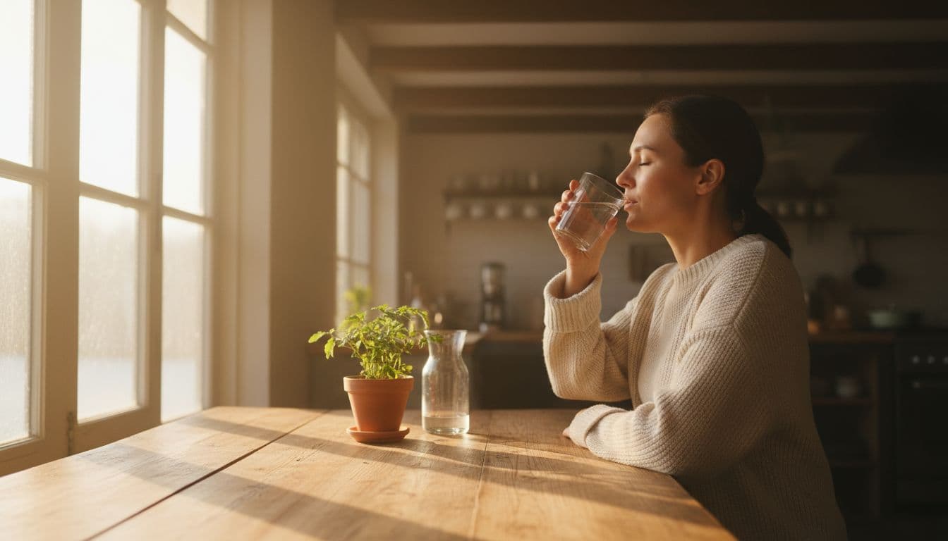 A relaxed adult in a cozy kitchen at dawn holds a glass of water to their lips, bathed in soft morning light from the window, with a simple wooden table and plant nearby.