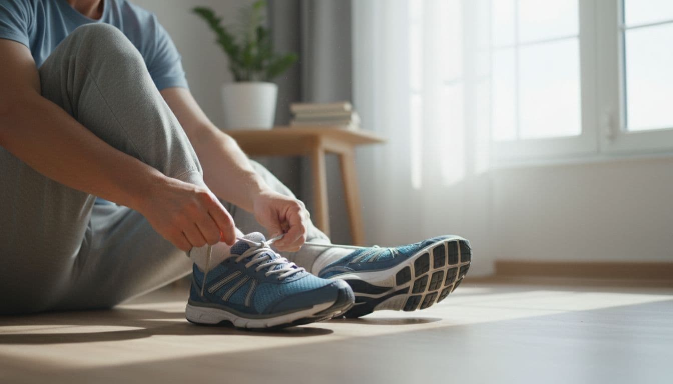 A middle-aged person in casual clothes laces up running shoes on a living room floor with soft morning light through the window, realistic photo style focusing on shoes and feet.