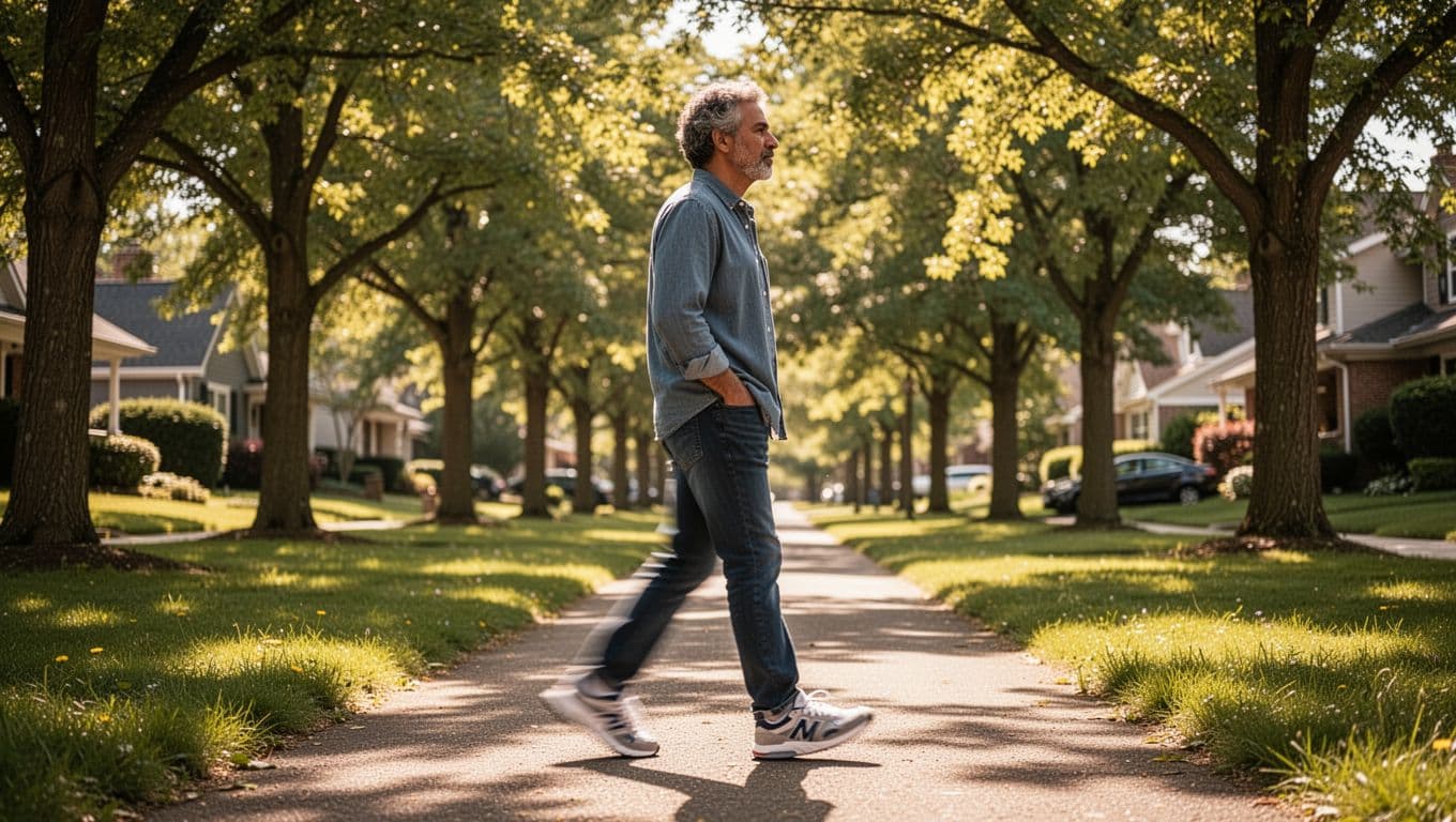 An adult walks relaxed outdoors on a tree-lined neighborhood path during midday, wearing casual clothes and sneakers with hands in pockets, sunlight filtering through leaves, side angle with slight motion blur on legs, photorealistic style.