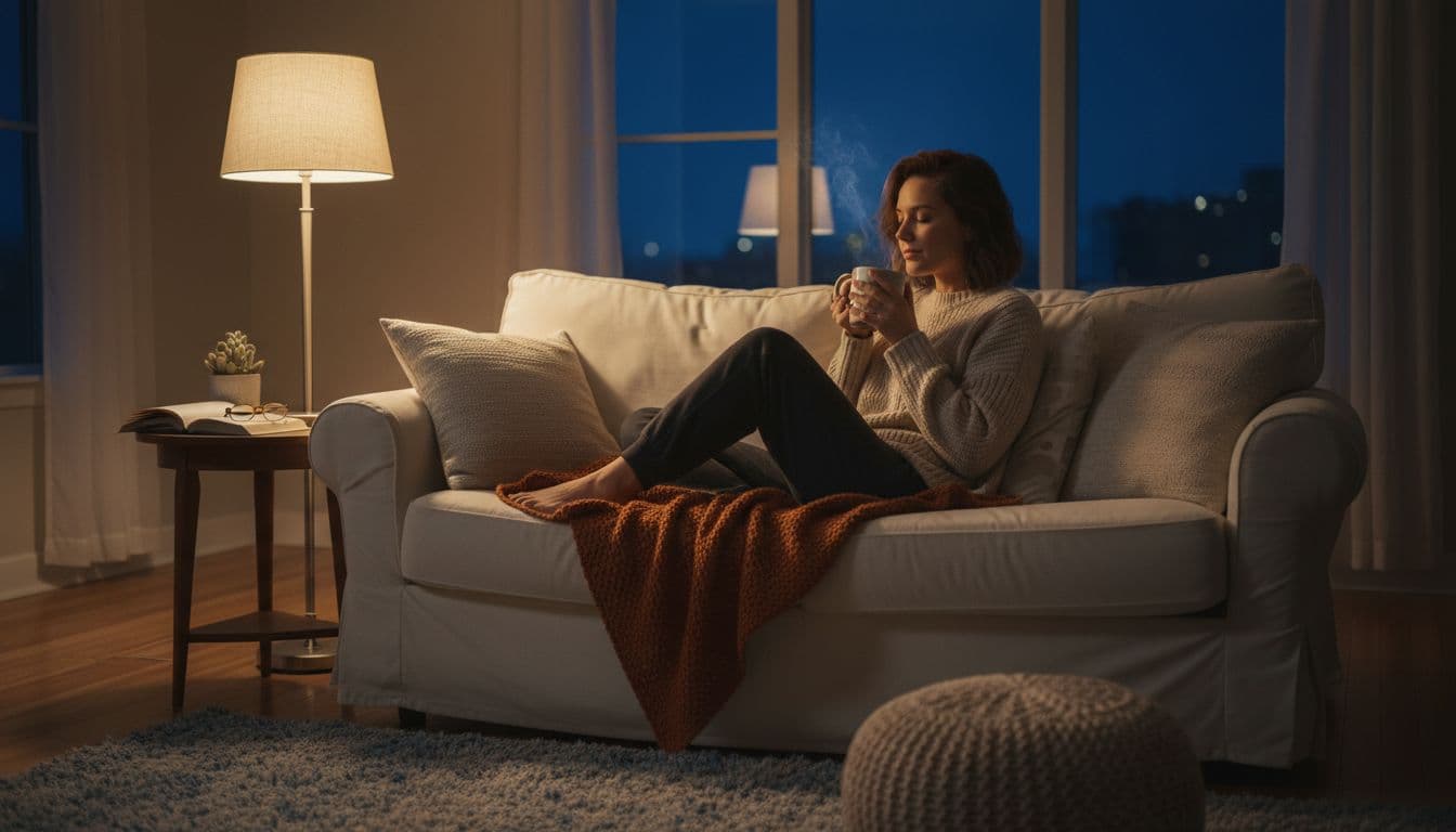 Serene living room in the evening with one person sitting on a couch holding a mug of herbal tea, soft lamp light, open book on side table, and cozy blanket, in a realistic photo style.