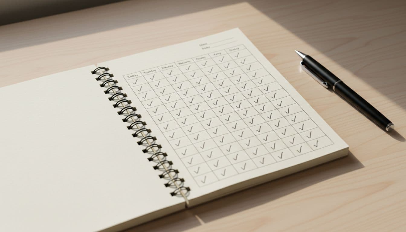 A realistic photo of a simple wooden desk featuring an open notebook with a basic habit tracker grid marked with checkmarks, a single pen resting beside it, and soft daylight illuminating the minimal composition, focusing on the notebook as a progress tool with no people visible.