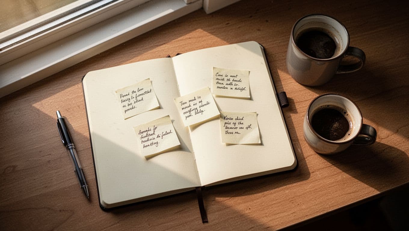 Close-up top-down view of an open notebook on a wooden desk listing three handwritten tasks: Call mom, Finish report, Grocery shop, with a pen beside it and a morning coffee mug nearby under natural window light.